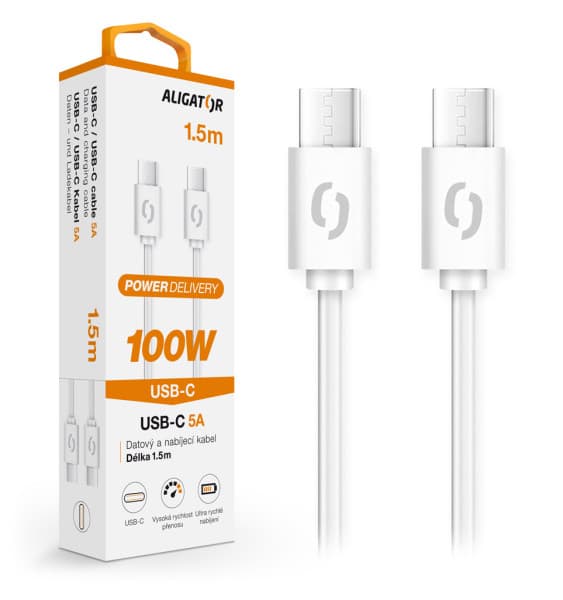 Datový kabel ALIGATOR POWER 100W, USB-C USB-C 5A, 1,5m bílý