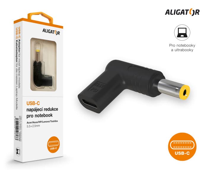 Aligator USB-C napájecí redukce 5,5x2,5 mm pro notebooky Acer Asus HP Lenovo Toshiba