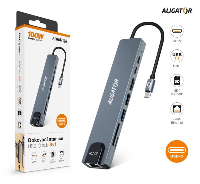 Aligator Dokovací stanice USB-C Hub 8v1 (USB-C 2xUSB SD MicroSD HDTV RJ45)