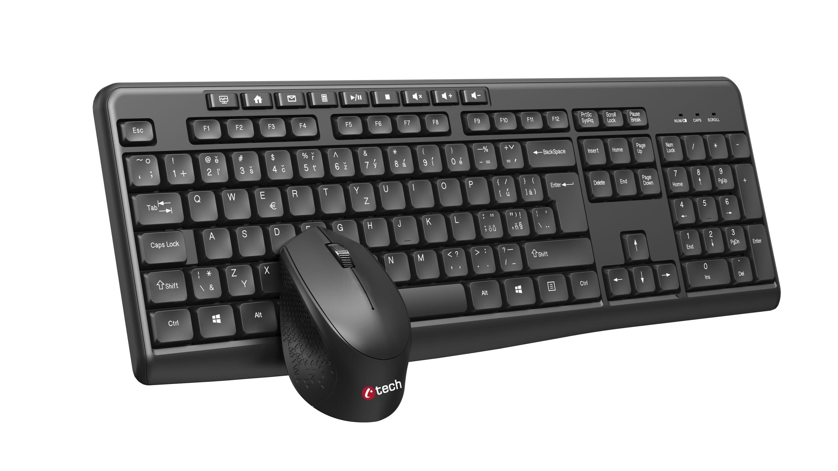 Klávesnice C-TECH WLKMC-04, bezdrátový combo set s myší, černý, USB, CZ