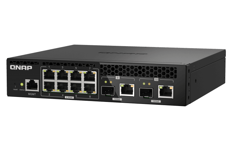 QNAP řízený switch QSW-M2108R-2C (8x 2,5GbE RJ45 a 2x kombo 10GbE SFP+ RJ-45, malá šířka)