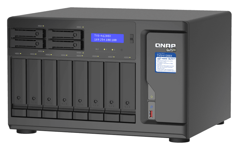 QNAP TVS-h1288X-W1250-16G (Xeon 3,3GHz, ZFS, 16GB ECC RAM, 8x 3,5"+ 4x 2,5", 2x M.2 NVMe, 4x 2,5GbE)